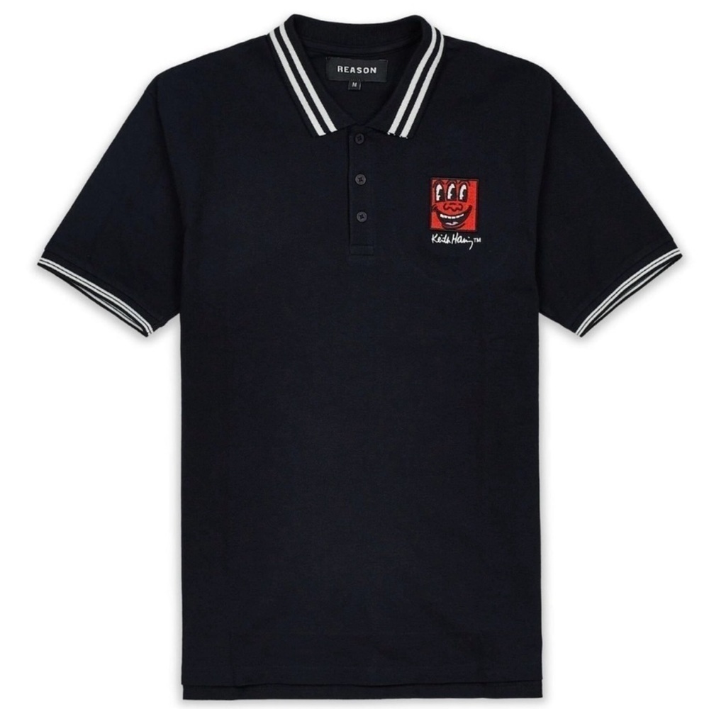 NWT Reason Brand x Keith Haring Embroidered men’s black Polo large